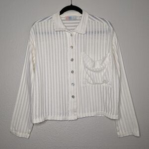 Free People Striped Sheer Open Knit Oversized Cream Button Up Cardigan XS